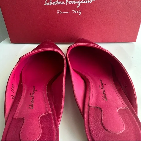 Salvatore Ferragamo Maida Satin Pointed Toe Low Heeled Mules in Fuchsia Pink - Picture 6 of 10